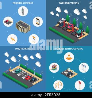 Parkplätze Einrichtungen Konzept 4 isometrische Kompositionen Ikonen Platz mit Ladestände Multi-Level-Komplex Stock Vektor