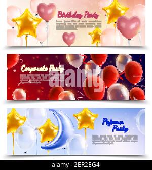 Geburtstag Corporate und Pyjama-Party drei horizontale Banner von dekoriert Heißluftballons in Form von Kugeln Herzen und Sterne Realistischer Vektor illustrr Stock Vektor