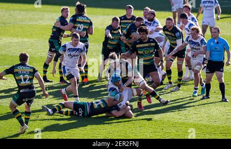 28th. Februar 2021; Franklin Gardens, Northampton, East Midlands, England; Premiership Rugby Union, Northampton Saints gegen Bath; Zach Mercer von Bath Rugby bricht mit dem Ball durch, als er von Henry Taylor von Northampton Saints in Angriff genommen wird Stockfoto