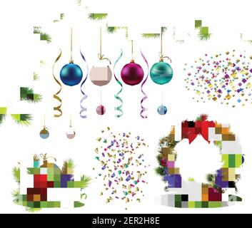 Set von realistischen weihnachtsdekorationen Tannenzweige Girlande mit Kugeln Bunte Streamer und Konfetti isoliert Vektor-Illustration Stock Vektor