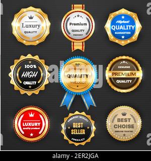 Auszeichnung und Qualität Etiketten isoliert Vektor runde Embleme mit goldenen Rahmen und Bändern. Bestseller, Luxus-Produkt-Shop-Promotion, Shop Sonderangebot Stock Vektor