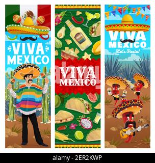 Viva Mexico Vektor jalapeno Chili Pfeffer Musiker Band in Sombrero Musik spielen. Mexikanische Küche Guacamole und Nachos, Mais mit Tacos und Tequila. Ind Stock Vektor