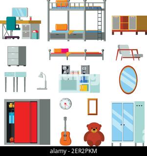 Teen Zimmer Konstruktor Wohnung Ikonen mit Möbeln Schreibtisch mit Monitor Und persönliches Zubehör isolierte Vektor-Illustration Stock Vektor