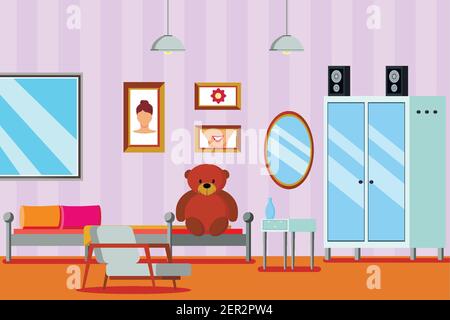 Teen Zimmer für Mädchen flache Zusammensetzung mit Möbeln Spiegel und Bilder auf Flieder Wand Vektor Illustration Stock Vektor