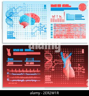 Medizinische Schnittstelle horizontale Banner mit Herz und Gehirn realistische Bilder vektordarstellung für such- und hud-Elemente Stock Vektor