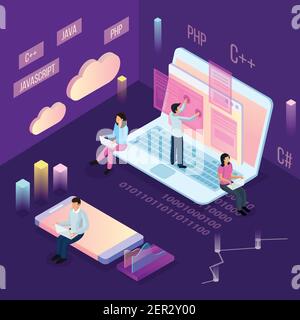 Freiberufliche Programmierung isometrische Komposition mit Menschen und konzeptionelles Cloud Computing Symbole mit finanziellen Bildern und menschlichen Zeichen Vektor illustrr Stock Vektor