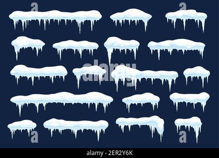 Schneekappen mit Eiszapfen, Vektor-Schneebällen und Schneeverwehungen. Winter verschneite Dekoration, weihnachten Design-Elemente. Lange und kurze vereisten Dachrahmen mit icic Stock Vektor