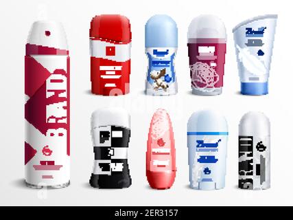 Deodorant Flaschen Werbung Satz von verschiedenen Formen und Marke in Realistisches Design isolierte Vektor-Illustration Stock Vektor