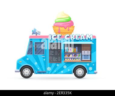 Eis-Lebensmittel-LKW, isolierte Vektor-van, Karikatur-Auto für Street Food Eis Desserts Verkauf. Automobilcafe oder Restaurant auf Rädern mit Eiskre Stock Vektor