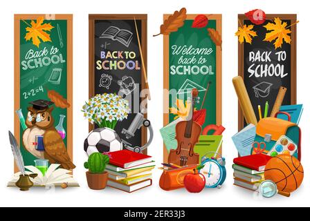 Bildung Tafel mit zurück zur Schule Schriftzug Vektor Cartoon Banner gesetzt. Grüne und schwarze Kreidetafeln mit Lernpapiere. Bücher, Feder pe Stock Vektor