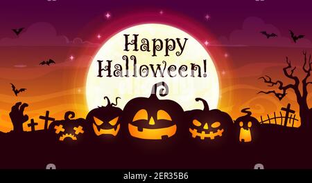 Happy Halloween Vektor Banner. Scary Kürbis Jack Laternen auf Nachtfriedhof mit Zombie-Hand, gruselige Bäume und Kreuzgräber, auf Nachtfriedhof backgr Stock Vektor