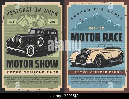 Retro-Autos Rallye und Oldtimer-Motoren Rennen, alte Fahrzeuge Restaurierung und Reparaturarbeiten, Vektor Grunge Plakate. Rarität Muskel Sport Autos Rallye-Turnier Stock Vektor