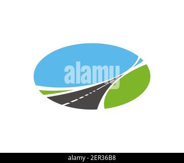 Symbol für Straße, Pfad, Autobahn. Verjüngende gepflasterte Straße durch grüne Felder mit blauem Himmel isoliert auf weißem Hintergrund. Reisen oder Transport Stock Vektor