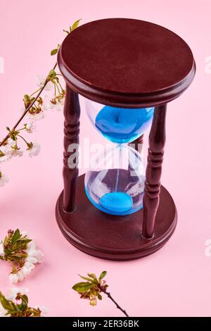 Zeitkonzept. Blaue Sanduhr auf rosa Hintergrund mit Frühlingsblumen Dekoration Stockfoto