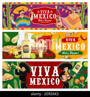 Viva Mexiko, Fiesta Party Vektor Banner. Mariachi Musiker in Sombrero und Poncho spielen Musik. Mexikanisches Essen Jalapeno Chilischoten, Guacamole mit Stock Vektor