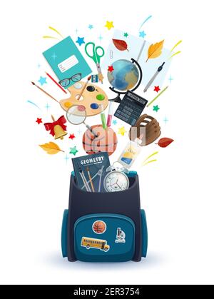 Schultasche mit Schüler Bildung liefert Vektor-Design willkommen zurück in die Schule. Rucksack mit Büchern, Taschenrechner und Globus, Farbe, Pinsel und Kolben Stock Vektor