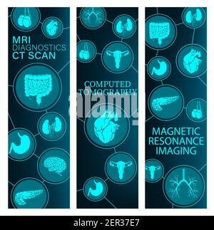 Magnetresonanztomographie, Computertomographie Medizin Banner. Menschliche Körper innere Organe MRT und CT-Scan-Bilder, Darm, Magen und Gehirn, hea Stock Vektor