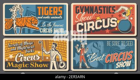 Zirkuskünstler und Künstler Retro Poster Set. Akrobaten balancieren auf Ball, Zauberer oder Illusionist und Jongleur Charaktere. Tiger-Tamer oder Tierhand Stock Vektor