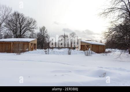 Moskau, Russland-12. Februar 2021: Schneebedeckter Park 'Garten der Zukunft'. Ein frostiger Wintertag. Stockfoto