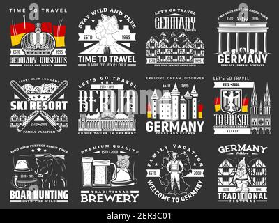 Deutschland Reise-Ikonen, Berlin Wahrzeichen und deutsche Karte, Vektor Europa Kultur Städtetourismus, München Oktoberfest Bierbrauerei Festival und Architektur s Stock Vektor