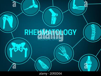 Rheumatologie Medizin, Gelenkerkrankungen Behandlung und Röntgenbanner. Skelettteile des menschlichen Körpers, Gliedmaßen und Wirbelsäulenknochen, Becken und Hüftpfanne, Fuß, Handgelenk Stock Vektor