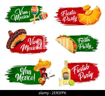 Mexikanische Feiertage Vektor-Symbole. Fiesta Party, Viva Mexico isolierte Labels mit Sombrero , Tequila, Limette und Jalapeno Pfeffer Musiker auf Grunge Pinsel st Stock Vektor