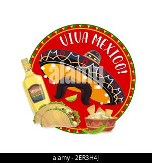 Mexikanischer Sombrero und Schnurrbart, Viva Mexico Vektor-Design. Festlicher Hut mit Schnurrbart, Tequila und Limette, Maistortilla Tacos und Nachos mit Guacamole Stock Vektor