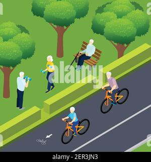 Rentner während Outdoor-Aktivität Fahrrad Reiten Fitness und einsame ältere Menschen Mann sitzt auf Bank isometrische Vektor-Illustration Stock Vektor