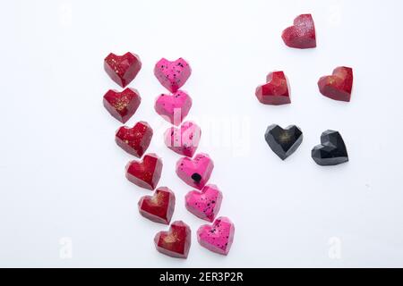 Köstliche SchokoladenBonbons, Nahaufnahme, verschiedene Farben Stockfoto