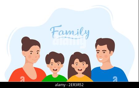 Nette Familie in bunten Kleidern. Familienportrait. Mutter, Vater, Sohn, Tochter glückliche Gesichter. Einfache Vektorgrafik im flachen Stil Stock Vektor