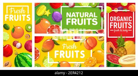 Früchte Essen Orange, tropische Ananas, Bauernhof Apfel, Vektor-Plakate und Banner. Tropischer Sommer exotische Früchte Mango, Pfirsich und Zitrone, Kiwi, Banane, AP Stock Vektor