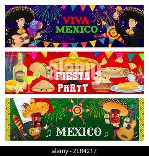 Viva Mexiko, Fiesta Party Vektor Banner. Mariachi-Musiker, jalapeno Chilischoten in Sombrero spielen Gitarre. Mexikanische Guacamole, Nachos mit Mais, Stock Vektor