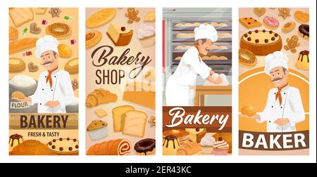 Bäcker Konditor in Bäckerei Brot Vektor Banner backen. Cartoon Chef in Toque Kneten Teig, Kochen Brot, Bäckerei süße Desserts Kuchen, Kuchen Stock Vektor