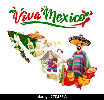 Viva Mexico Vektor-Poster mit mexikanischem Mann in Sombrero und Poncho, Maracas, kukulkan-Tempel und Karte mit Pinata. Cartoon traditionelle Symbole Tequila, Stock Vektor