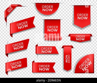 Bestellen Sie jetzt rote Banner, Lesezeichen, Web-Design-Elemente. Realistische Vektorbänder, Ecken, isolierte 3D Symbole oder Etiketten. Rabatt Seide Scharlach Promotion Stock Vektor