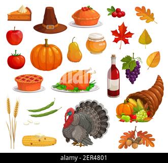 Thanksgiving Herbst Urlaub Vektor-Symbol-Set mit Cartoon türkei, Lebensmittel und Pilger Hut. Ernte Kürbis, Apfel und Kuchen, Füllhorn, gefallene Blätter, Mais Stock Vektor