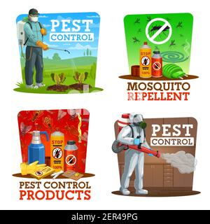 Schädlingsbekämpfung Vektor-Icons, Dissektion, Insekten Vernichtungsdienst zu Hause und Gärten. Landwirtschaftliche Schädlingsbekämpfung mit Kaltnebel und Pressspray Stock Vektor