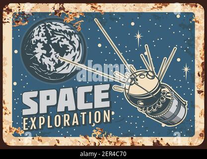 Satelliten-Raum-Exploration Vektor rostig Metallplatte, ai sputnik fliegen auf Erdumlaufbahn retro Poster. Weltraum Wissenschaft Untersuchung Mission rus Stock Vektor