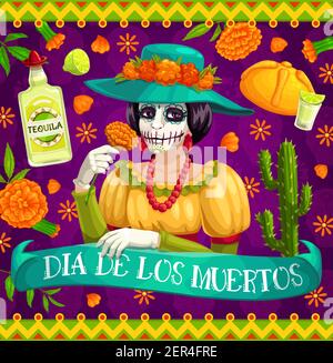 Mexikanischer Tag der Toten Catrina Skelett mit Blumen, Vektor Dia de los Muertos. Mexiko Religionsurlaub Calavera mit Ringelblumen, Kakteen, Tequila a Stock Vektor