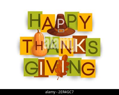 Happy Thanksgiving Vektor-Poster mit Herbsteiche Blatt, brauner Hut und Kürbis. Dank geben Tag Urlaub Grüße Typografie Buchstaben auf buntem Papier Stock Vektor