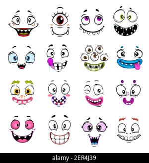 Niedliche Monster Gesichter Cartoon-Design mit Vektor Halloween Emoticons und Emojis. Lustige Dämon, Zombie oder Vampir, glücklich Alien, Zyklop und Troll, gremlin ein Stock Vektor