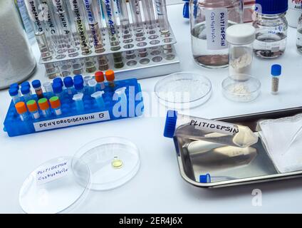 Fläschchen mit antiviraler chemischer Verbindung Plitidepsin, Diese Formulierung hat eine viel stärkere antivirale Wirksamkeit gegen SARS-CoV-2 als die einzige antivir Stockfoto