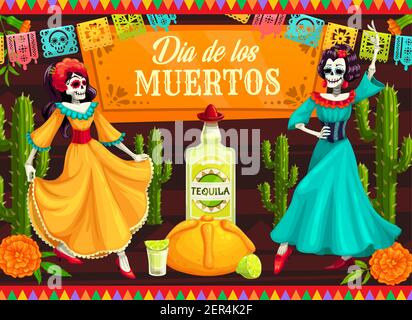 Mexikanischer Tag der Toten tanzende Catrina Skelette. Vector Dia de los Muertos Skelett Tänzer mit Calavera Schädel, Kakteen und Ringelblumen, teq Stock Vektor