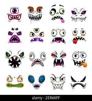 Monster Gesicht lustige Emoticons Cartoon Vektor. Horror Emojis von Halloween Zombie, Dämon oder Geist, Teufel, Vampir oder Tier mit verschiedenen Emotionen, beängstigend Stock Vektor