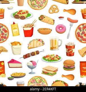 Fastfood-Muster, nahtloser Hintergrund, Vektor-Hamburger, Pizza und Burger-Sandwiches. Fastfood, Hotdog-Menü, Pommes, Getränke und Snacks, Eis, d Stock Vektor