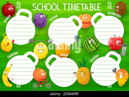 Bildung Schule Zeitplan Vektor Vorlage mit Cartoon Obst Sportler. Kids Zeitplan für den Unterricht mit lustigen Charakteren trainieren und sp Stock Vektor