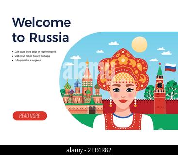 Willkommen in Russland flache Zusammensetzung Reisebüro Werbedesign mit Mädchen in Sarafan und kokoshnik Vektor-Illustration Stock Vektor