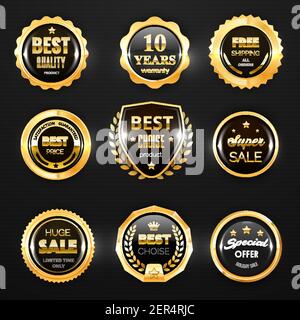 Gold Abzeichen, Etikett und Stempel Siegel 3D Vektor-Symbole. Premium-Qualität Medaillen, beste Wahl und Preis, Sonderangebot und Garantie Zertifikat Geschäft Stock Vektor