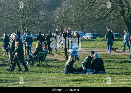 WIMBLEDON LONDON, GROSSBRITANNIEN 28. FEBRUAR 2021. Die Nachmittagssonne und das sonnige Wetter auf Wimbledon Common haben Massen von Menschen ermutigt, sich während der Sperre im Freien zu treffen, trotz der Warnung der Regierung, zu Hause zu bleiben. Credit amer ghazzal/Alamy Live News Stockfoto