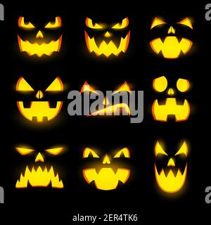 Scary Glow Kürbis Gesichter isoliert Vektor-Icons, Halloween Monster Emoticons, Jack Laterne Emojis, wütend und Glanz Ausdrücke, glühenden gruseligen Bösen Stock Vektor